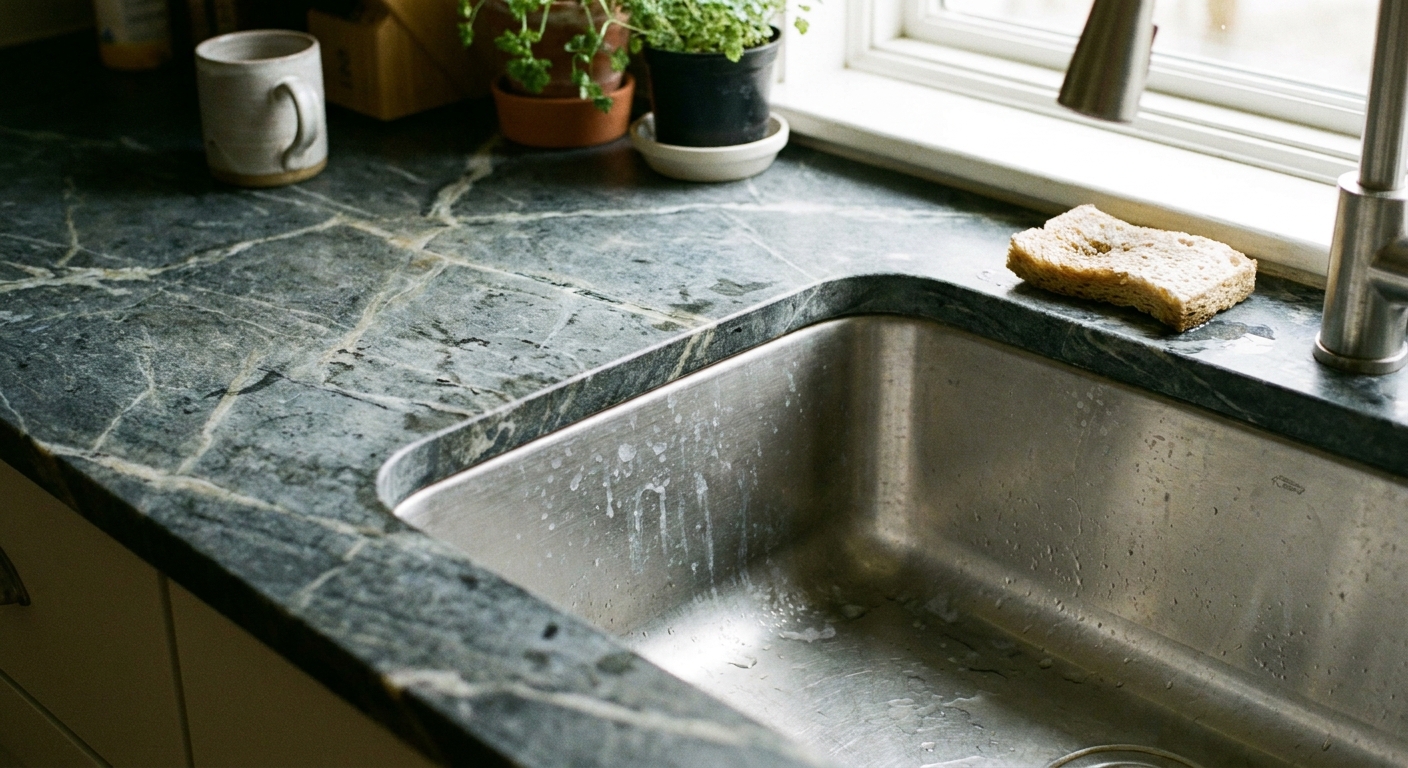 A soapstone countertop around a stainless steel sink showing light mineral water spots and a damp sponge on the surface, realistic home photo