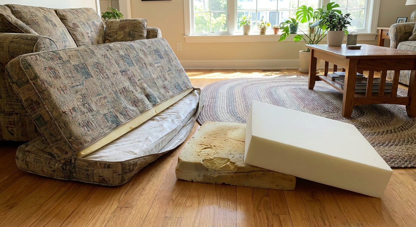 A sofa cushion cover unzipped on a living room floor with an old foam insert next to a fresh piece of upholstery foam, natural window light, realistic home photo