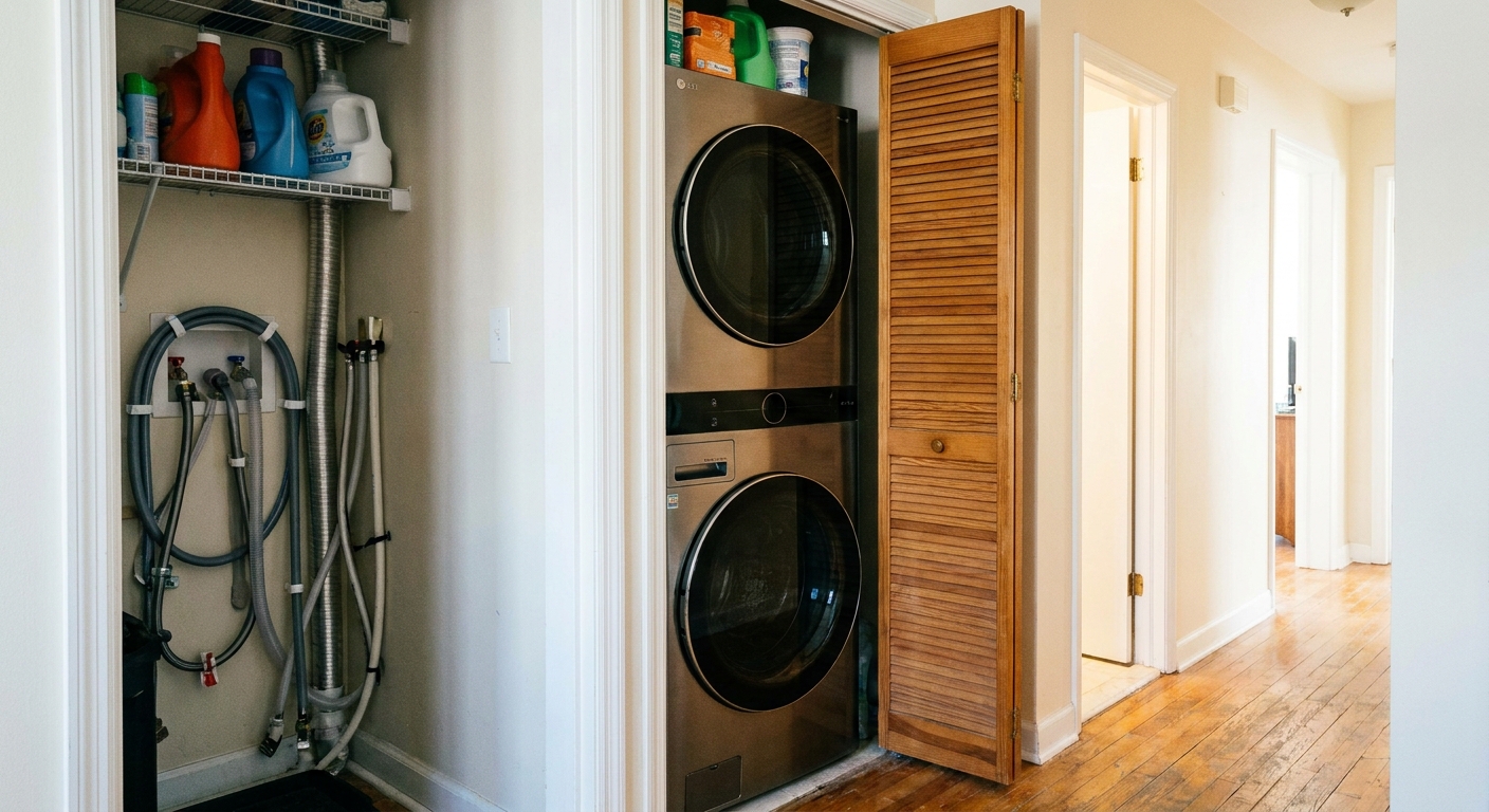 A stacked washer and dryer installed in a narrow laundry closet with visible side clearance and neatly routed hoses, realistic home photo