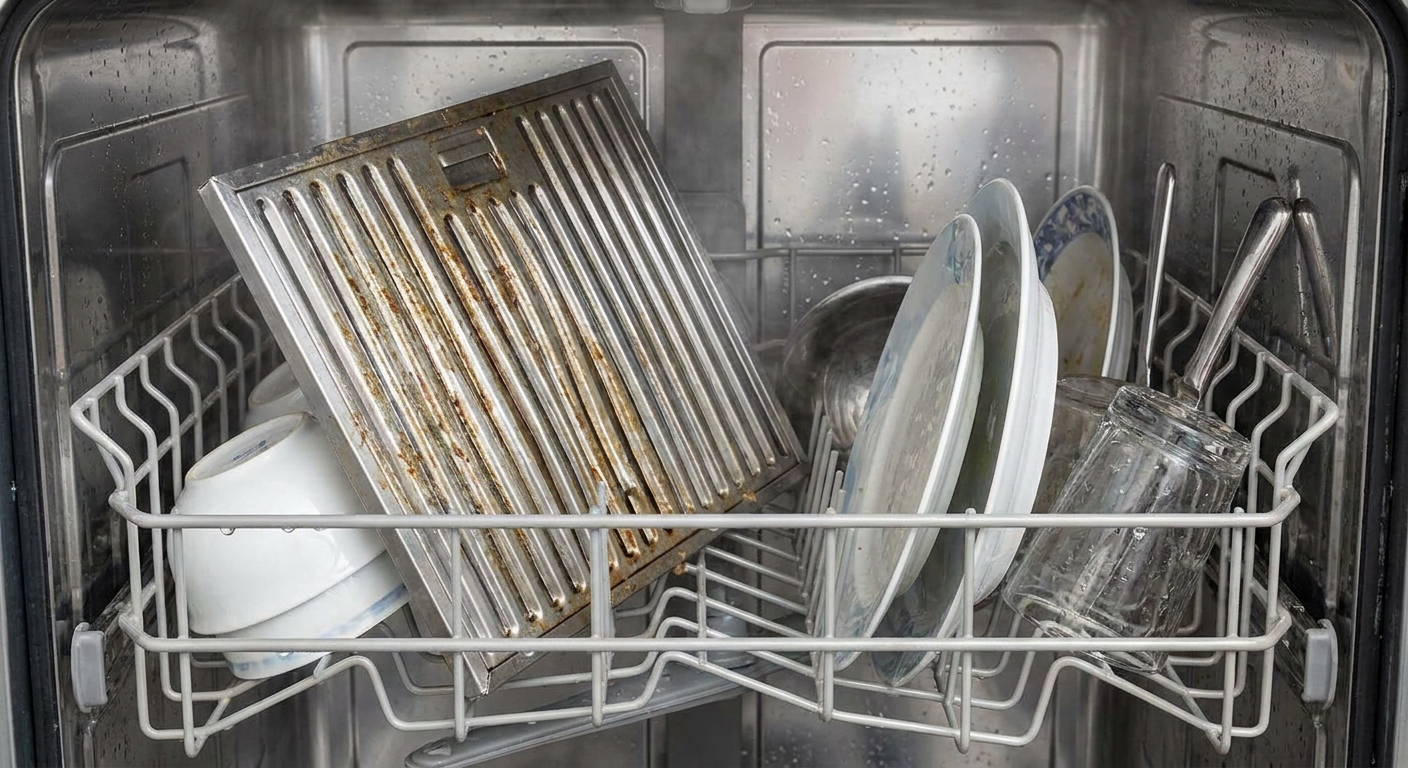 A stainless baffle range hood filter positioned upright in a dishwasher rack, realistic kitchen appliance photo