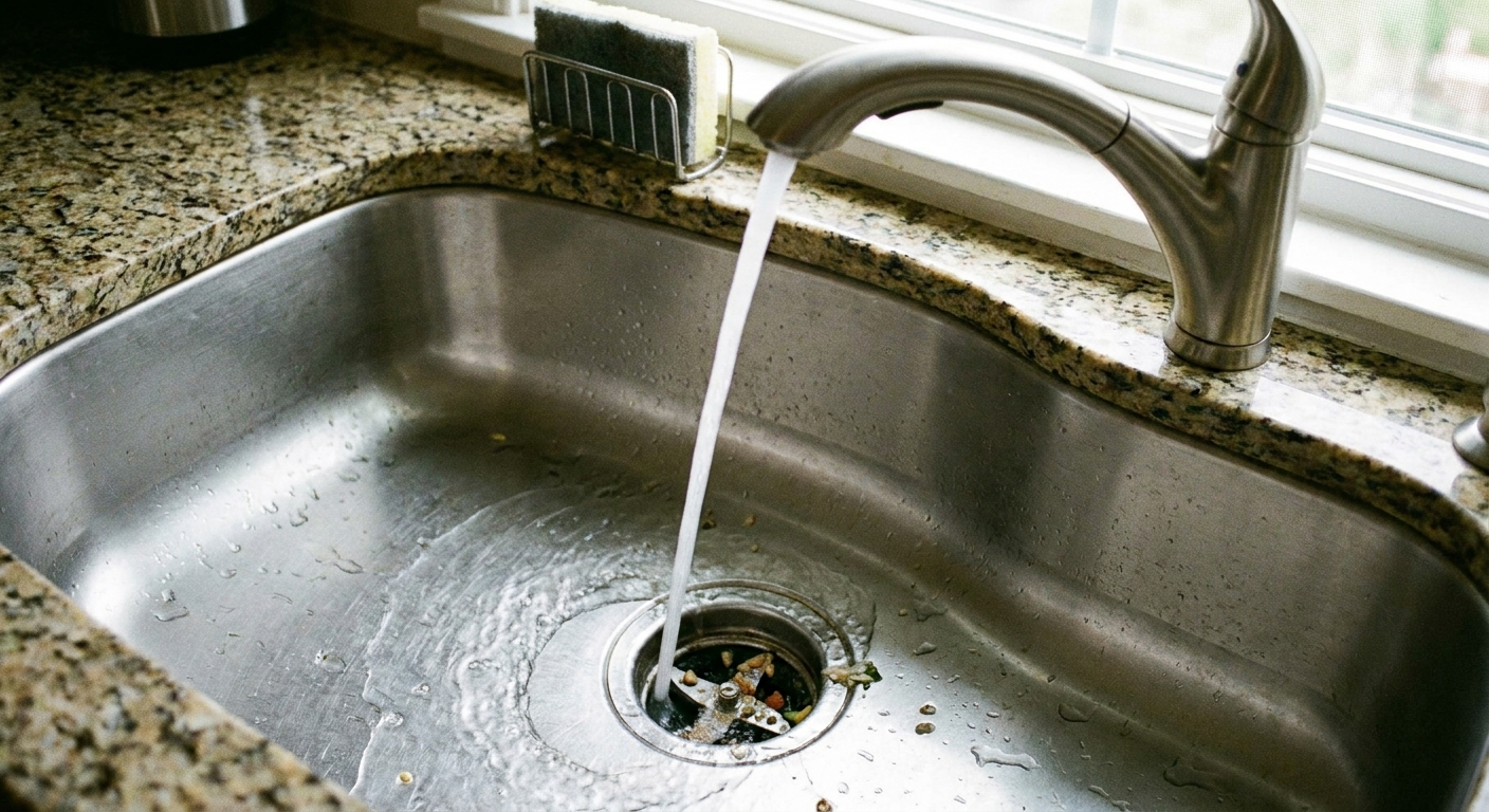 A stainless steel kitchen sink with cold water running from the faucet into the drain where a garbage disposal is installed, photo