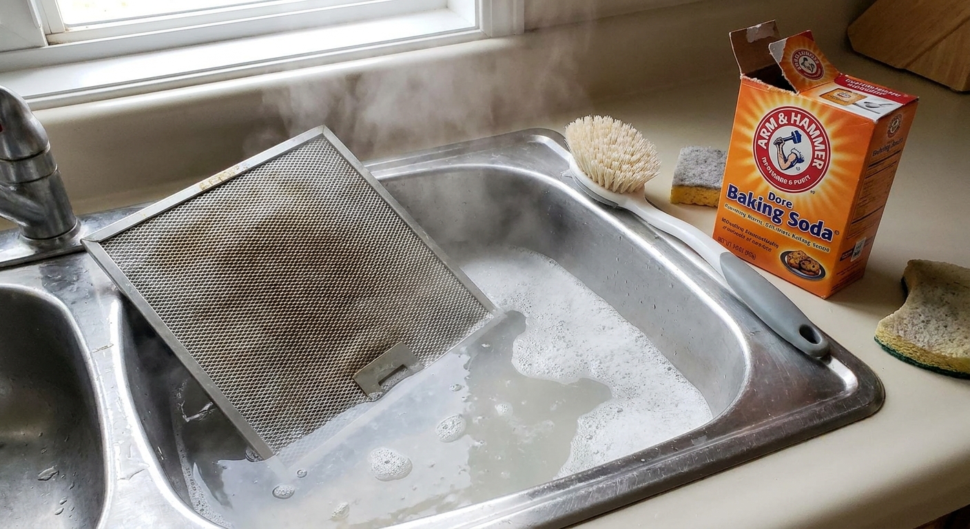A stainless steel range hood filter resting in a kitchen sink filled with hot soapy water, with a soft brush and baking soda nearby, realistic home cleaning photo
