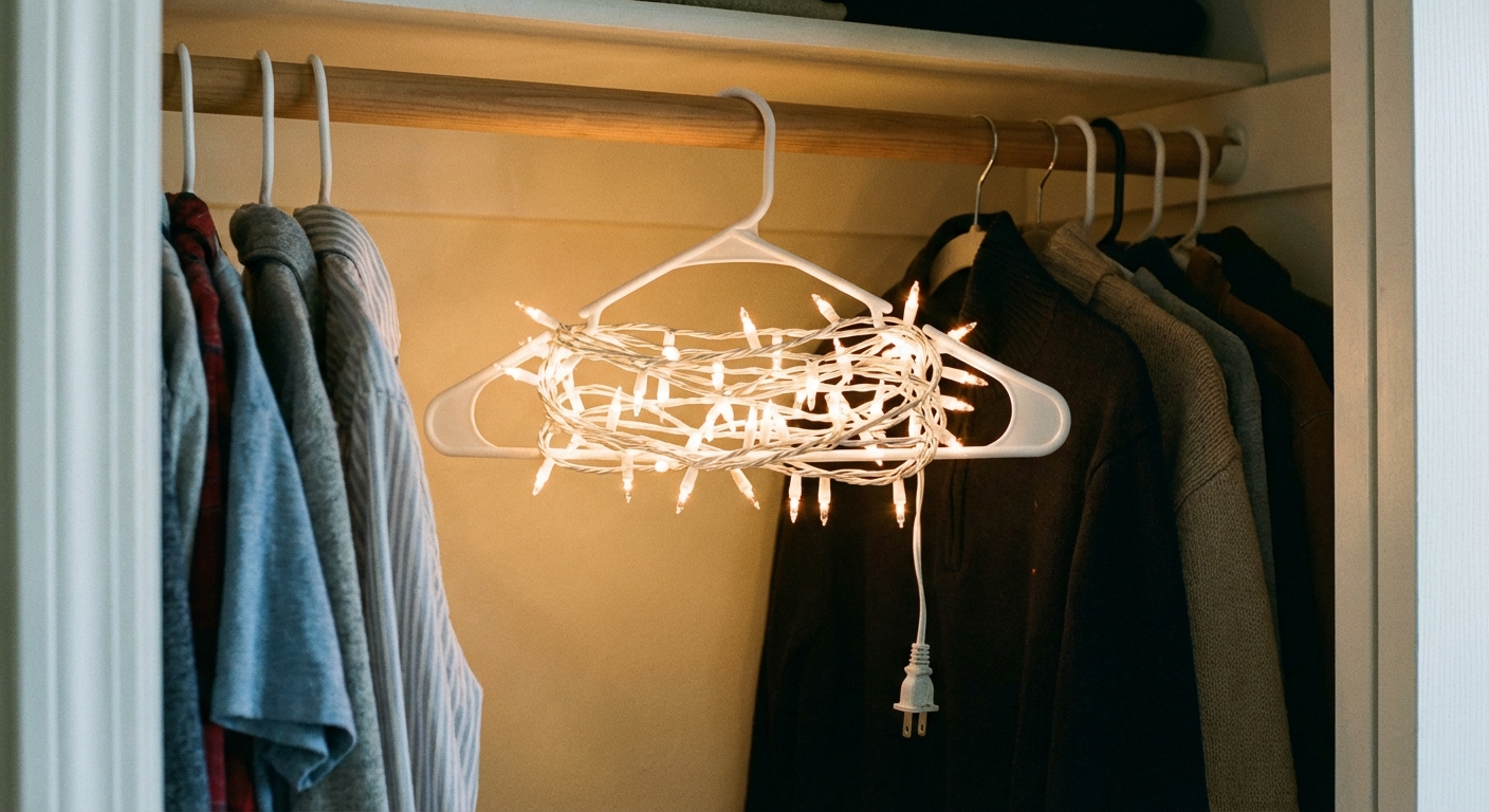 A strand of white holiday string lights neatly wrapped around a plastic clothes hanger hanging on a closet rod, realistic photography