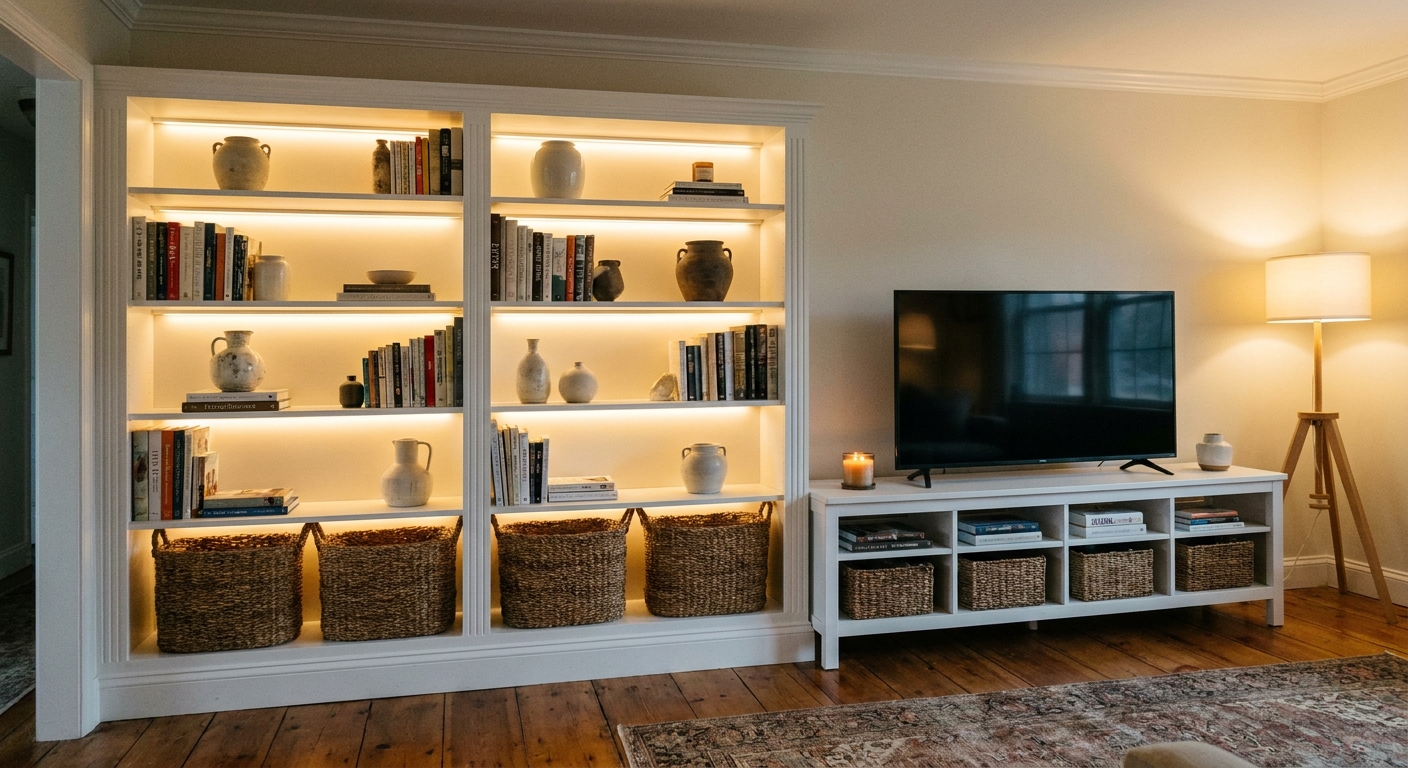 A styled IKEA HEMNES bookcase next to a TV bench, with neatly arranged books, woven baskets, and warm accent lighting that gives the shelves a built-in feel