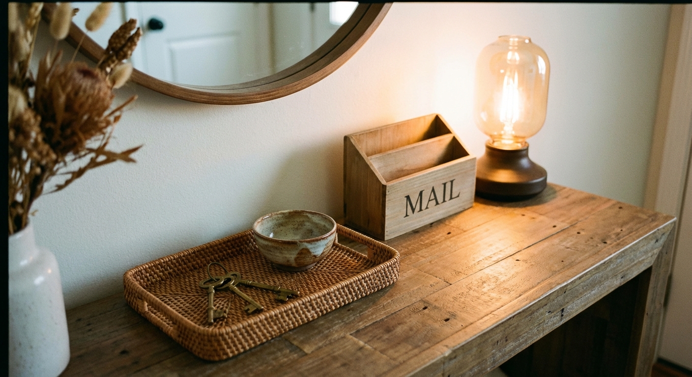 A styled entryway console with a small tray holding keys, a ceramic bowl, and a simple mail organizer, photographed close-up with warm lamp light