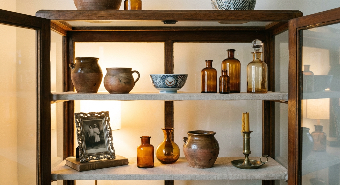A styled glass display cabinet with a few vintage ceramics, amber glassware, a small framed photo, and a brass candlestick arranged with plenty of space and warm lighting