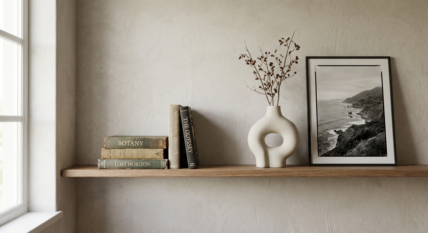A styled open shelf with a few vintage books, a modern ceramic vase, and a framed black-and-white photograph, with ample empty space between objects, photographed in soft natural light