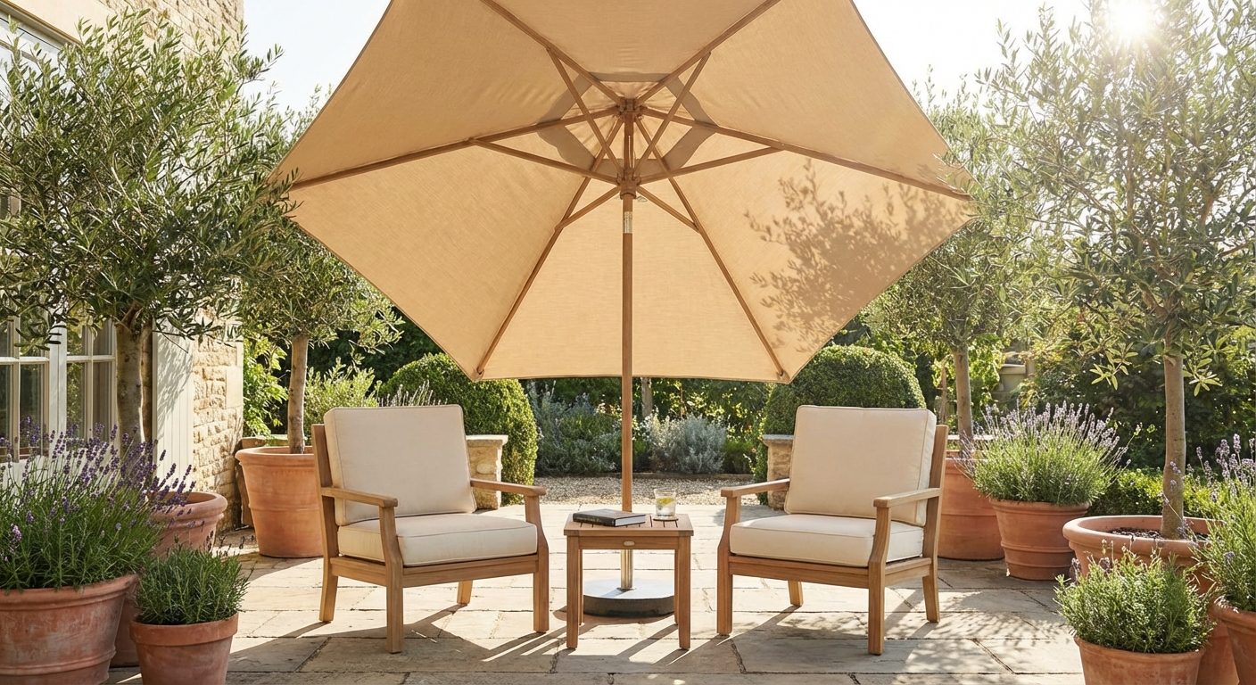 A sunlit patio with a large neutral market umbrella shading a small lounge area with cushioned chairs and a side table