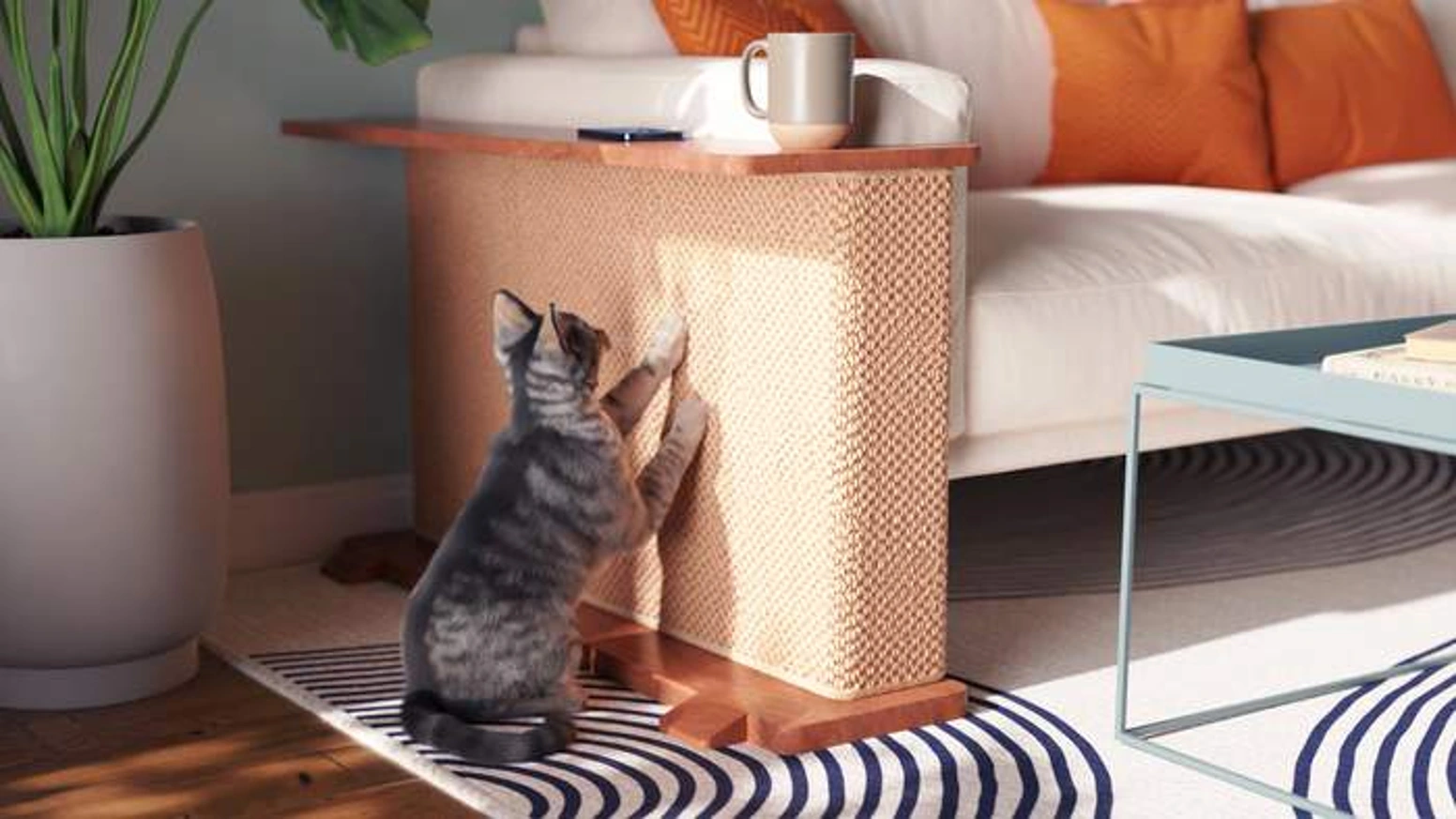 A tabby cat reaching up to scratch the corner of a neutral fabric sofa in a bright living room with a scratching post nearby, natural light, real photography style