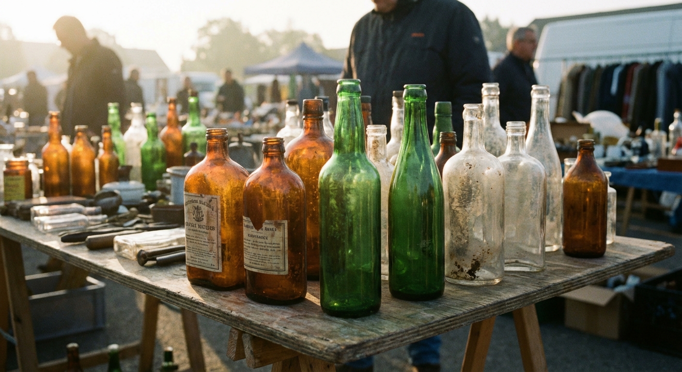 A tabletop at a flea market with assorted vintage glass bottles in amber, green, and clear glass, soft morning light, realistic photograph