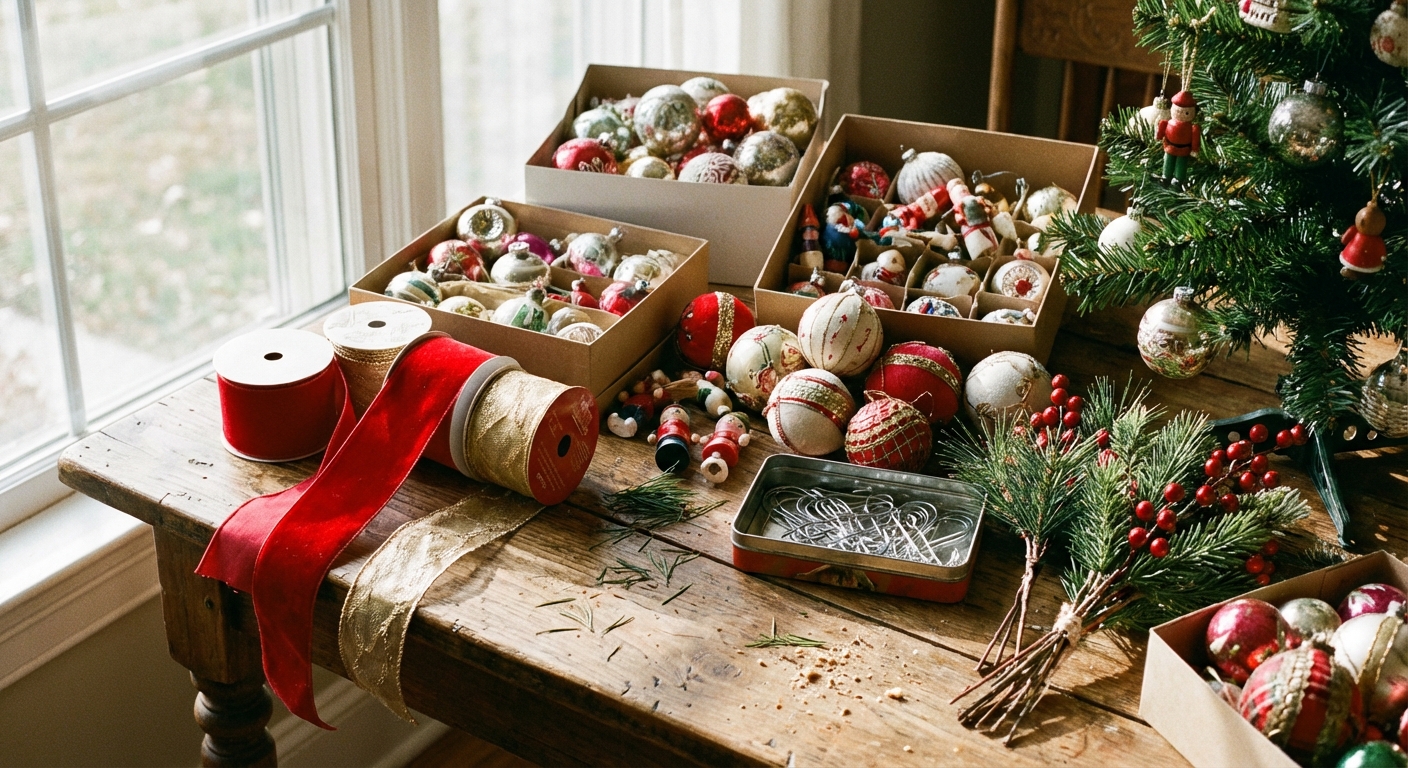 A tabletop with Christmas tree decorating supplies including wired ribbon, ornament hooks, assorted ornaments in different sizes, and faux greenery picks, natural window light photography