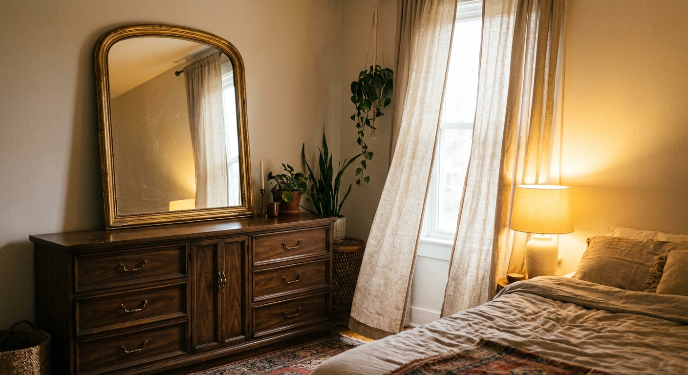 A tall arched mirror leaning safely on a vintage wooden dresser in a rental bedroom, with soft linen curtains and warm lamplight