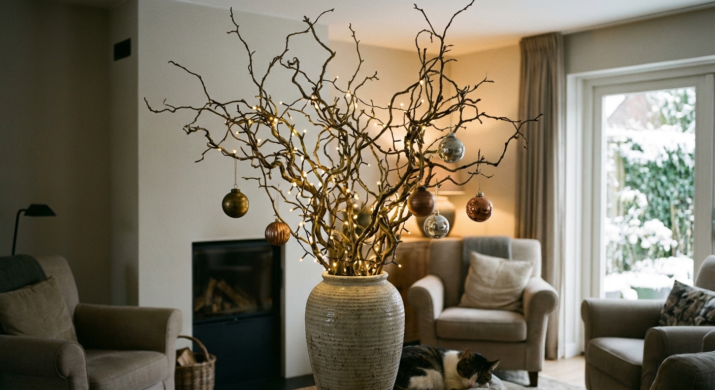 A tall ceramic vase holding bare winter branches decorated with warm fairy lights and a few metallic ornaments in a softly lit room