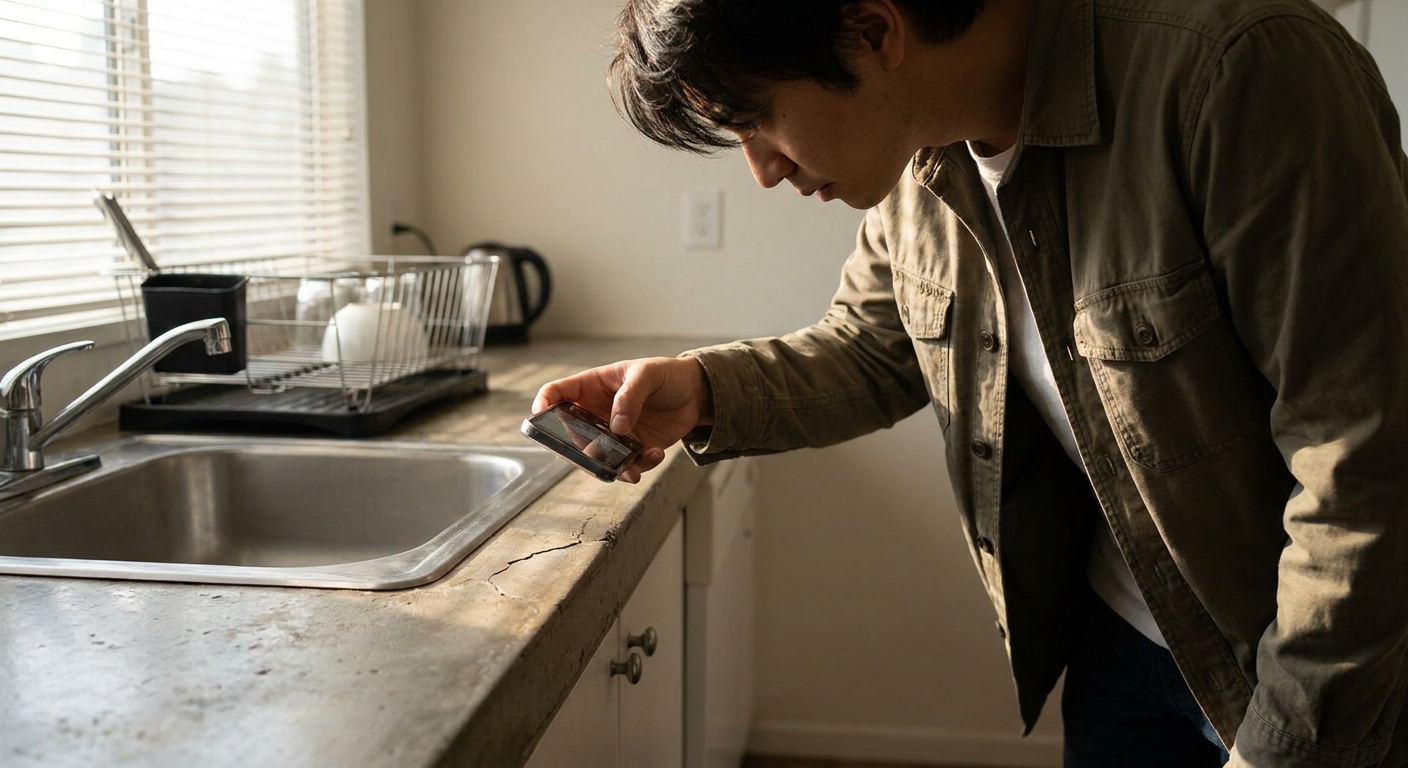 A tenant holding a smartphone and photographing a concrete countertop near a kitchen sink to document its condition, natural indoor light