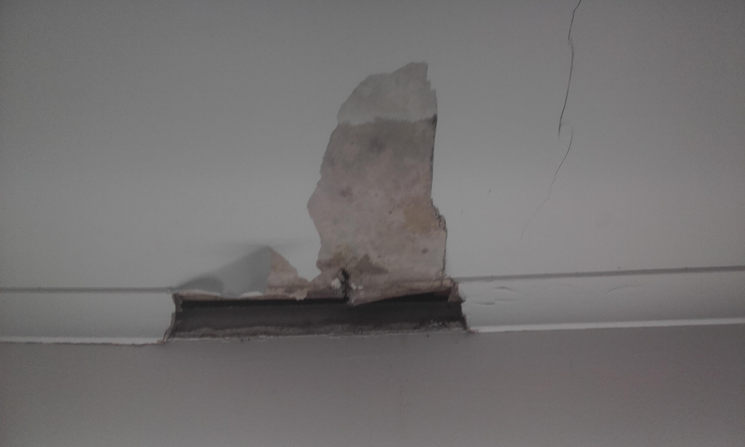 A tenant holding a smartphone to photograph a thin crack along a living room ceiling corner with daylight coming through a window, realistic home maintenance photo