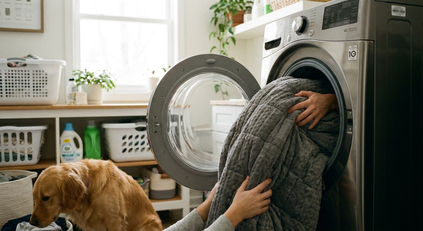 A thick gray weighted blanket being loaded into a front-loading washing machine in a bright laundry room, realistic home photo