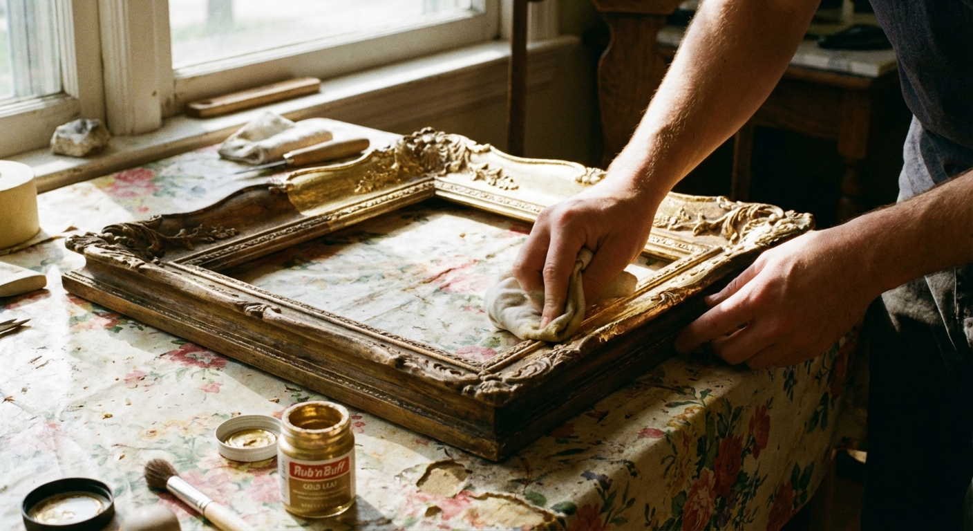 A thrifted ornate picture frame being polished with gold rub and buff wax on a cloth-covered table, small jar of wax nearby, real photo