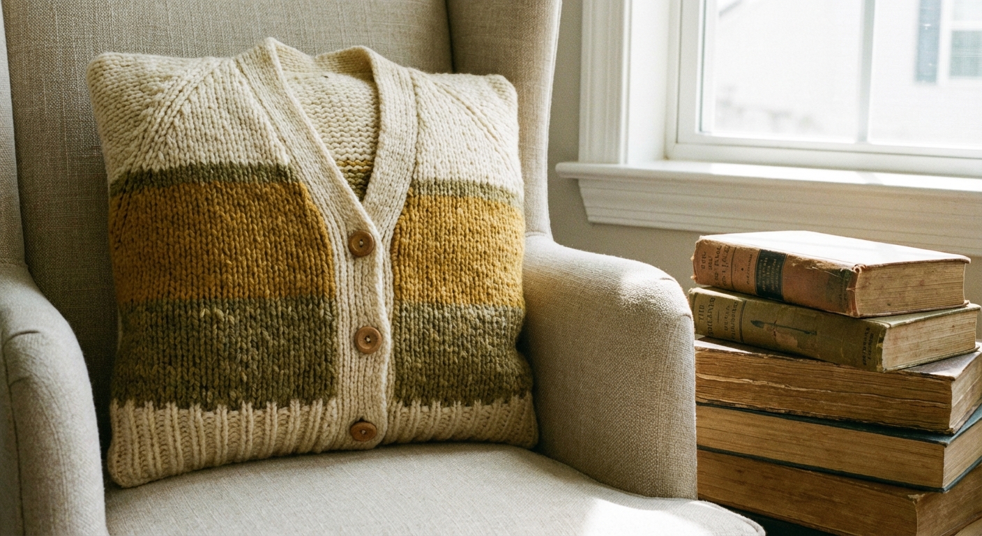 A throw pillow made from a vintage cardigan with visible buttons, resting on a neutral armchair beside a stack of books, real photo