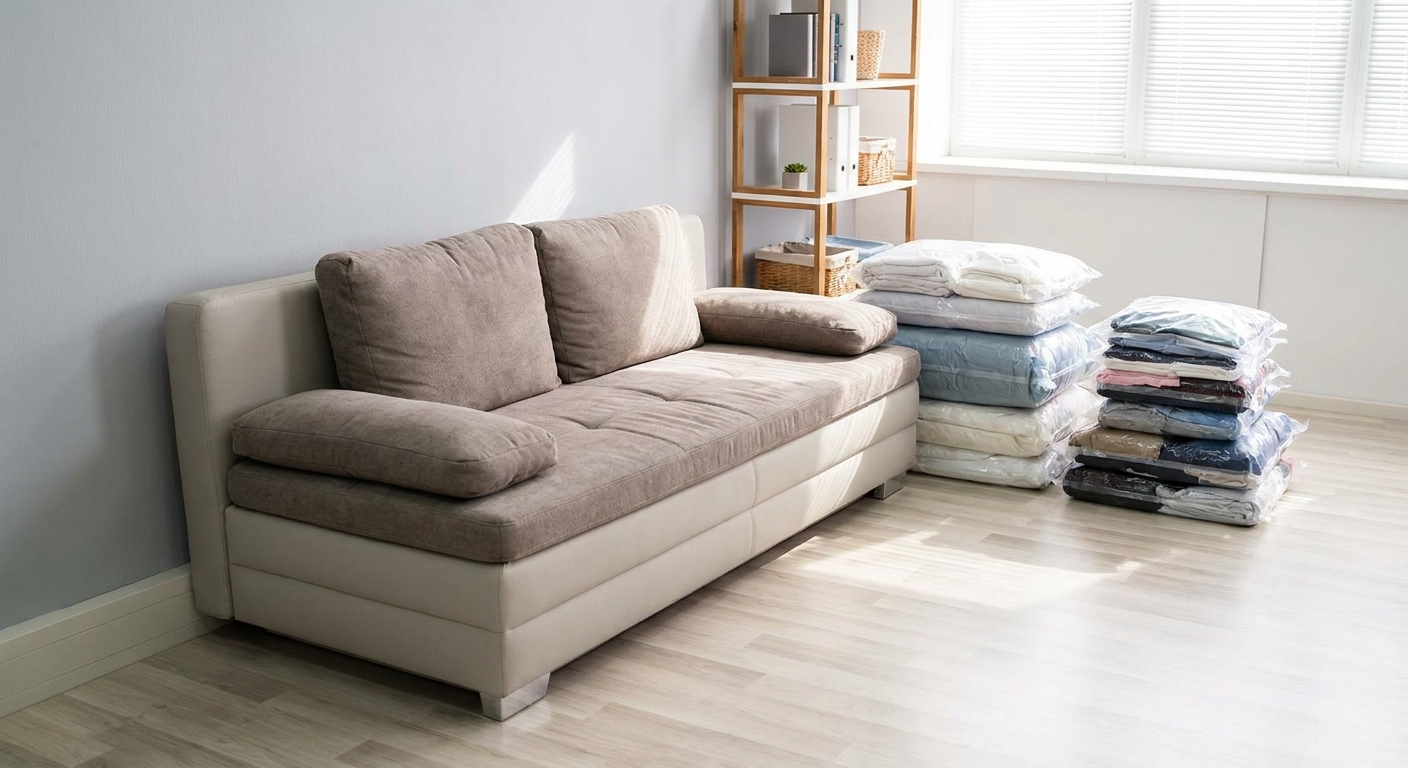 A tidy apartment living room with a sofa pulled slightly from the wall and sealed plastic bags of linens set aside for pest inspection prep