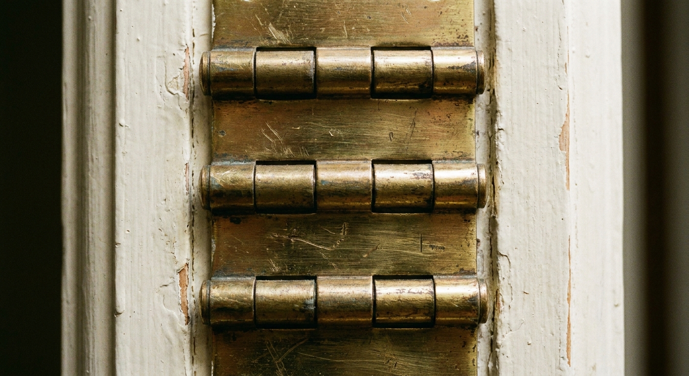 A tight close-up photo of three brass-toned interior door hinges stacked vertically on a painted door jamb, showing hinge knuckles and pin alignment