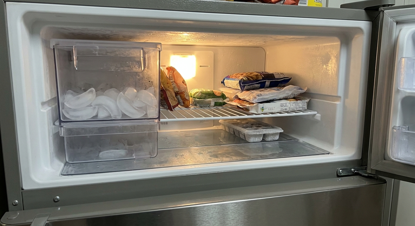 A top-freezer refrigerator interior with an icemaker bin and a few ice cubes visible, realistic kitchen lighting