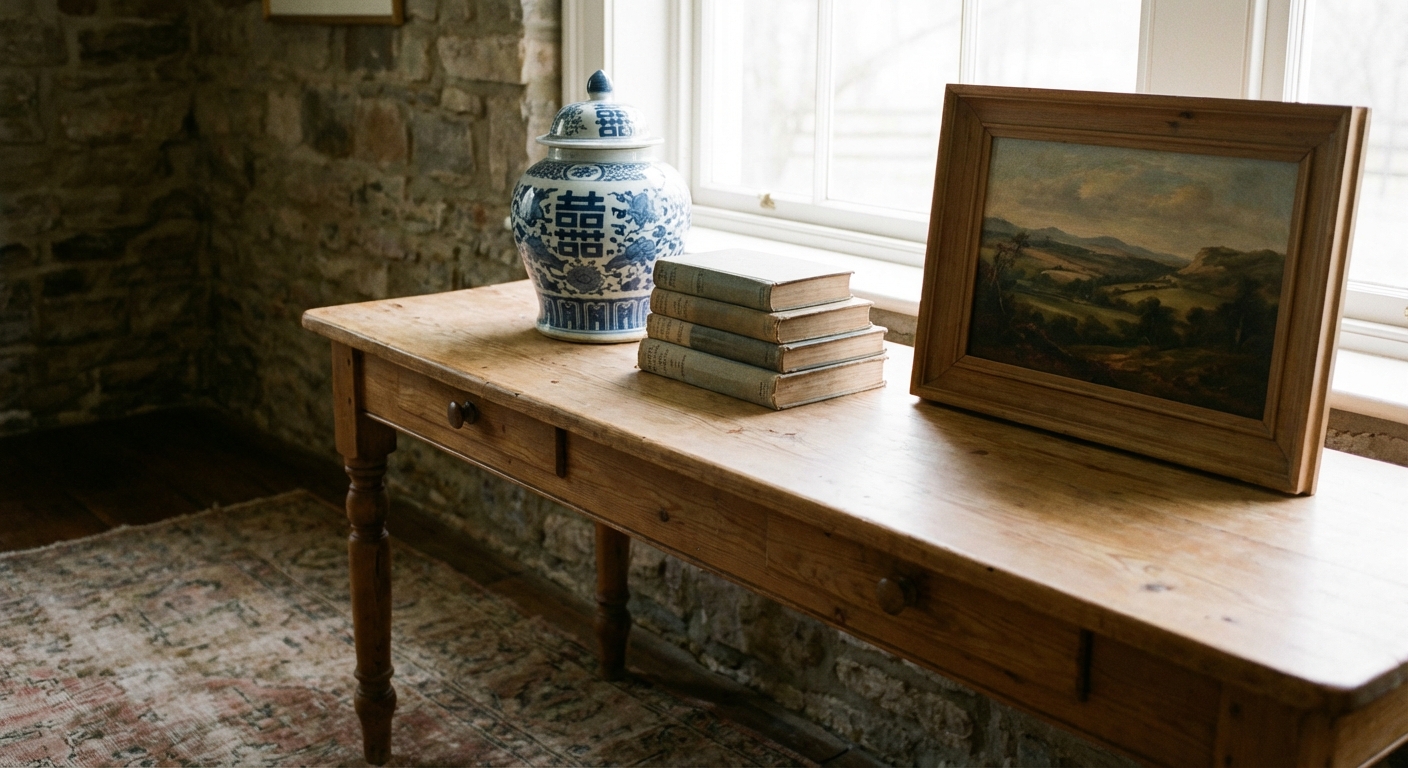A traditional console table styled with a small stack of vintage books, a blue-and-white ginger jar, and a simple framed landscape, photographed in soft natural light