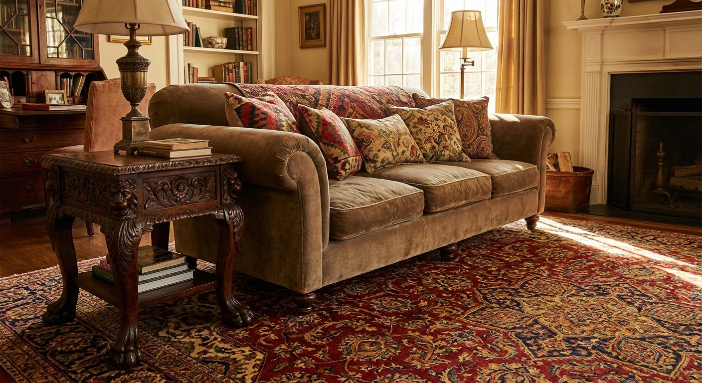 A traditional living room with a rolled-arm sofa, a carved wood side table, an ornate area rug, and layered patterned pillows in warm afternoon light