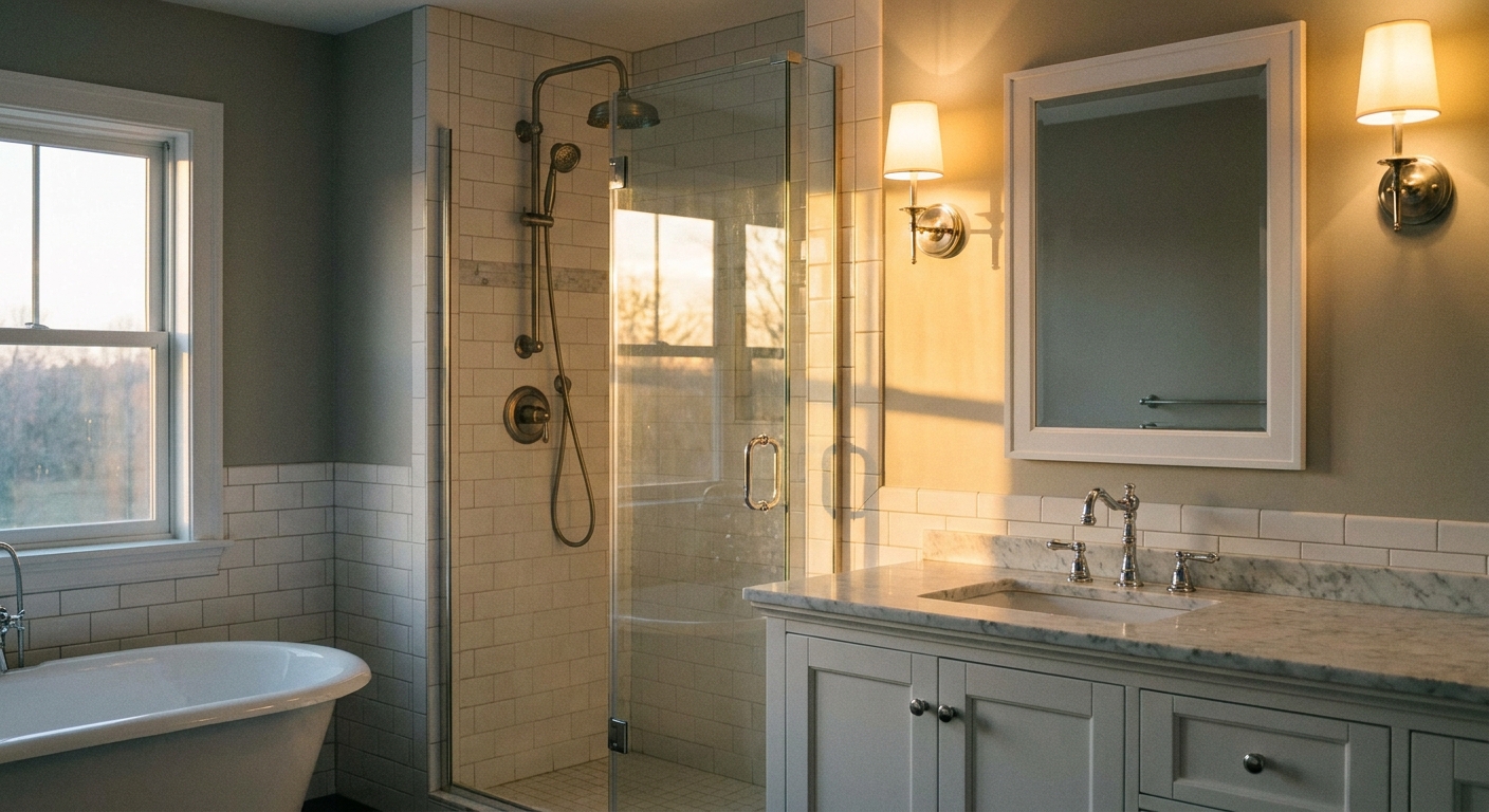 A transitional bathroom with a brushed nickel shower set, a polished chrome faucet, and a simple white framed mirror, photographed with warm evening lighting