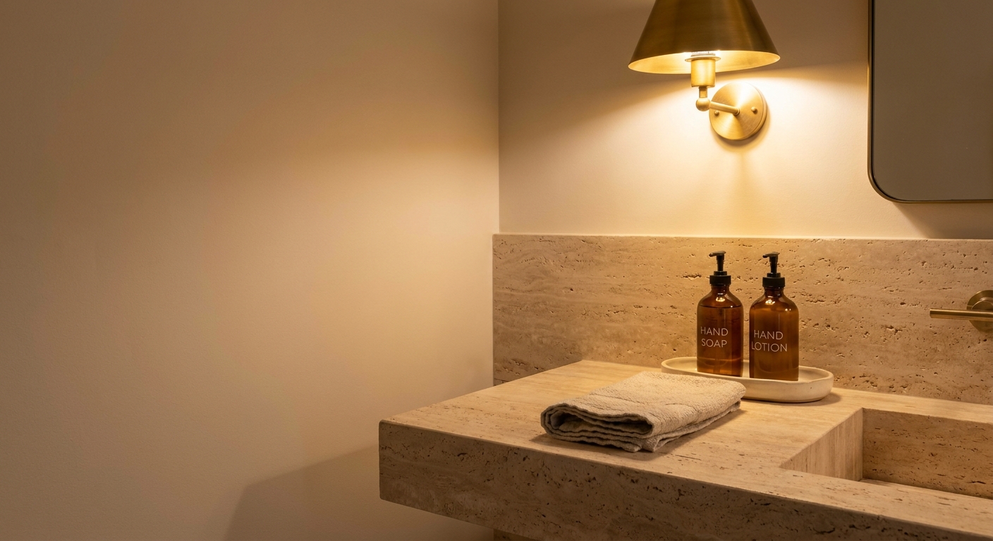 A travertine bathroom vanity with a small ceramic tray holding a soap dispenser and hand lotion, a folded linen hand towel nearby, soft warm light