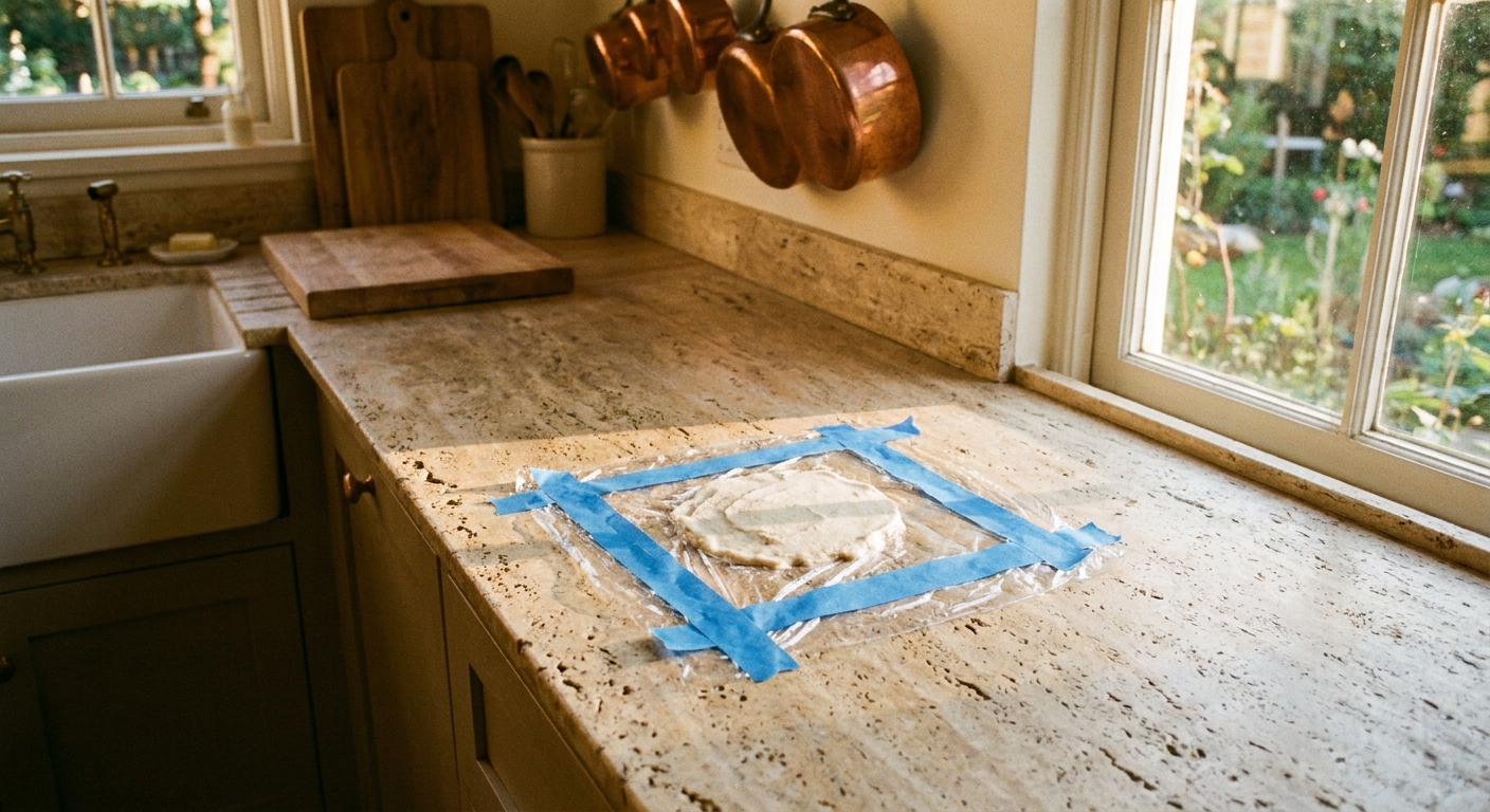 A travertine countertop with a small patch of poultice paste covered by plastic wrap taped at the edges, photographed in a real kitchen with warm light