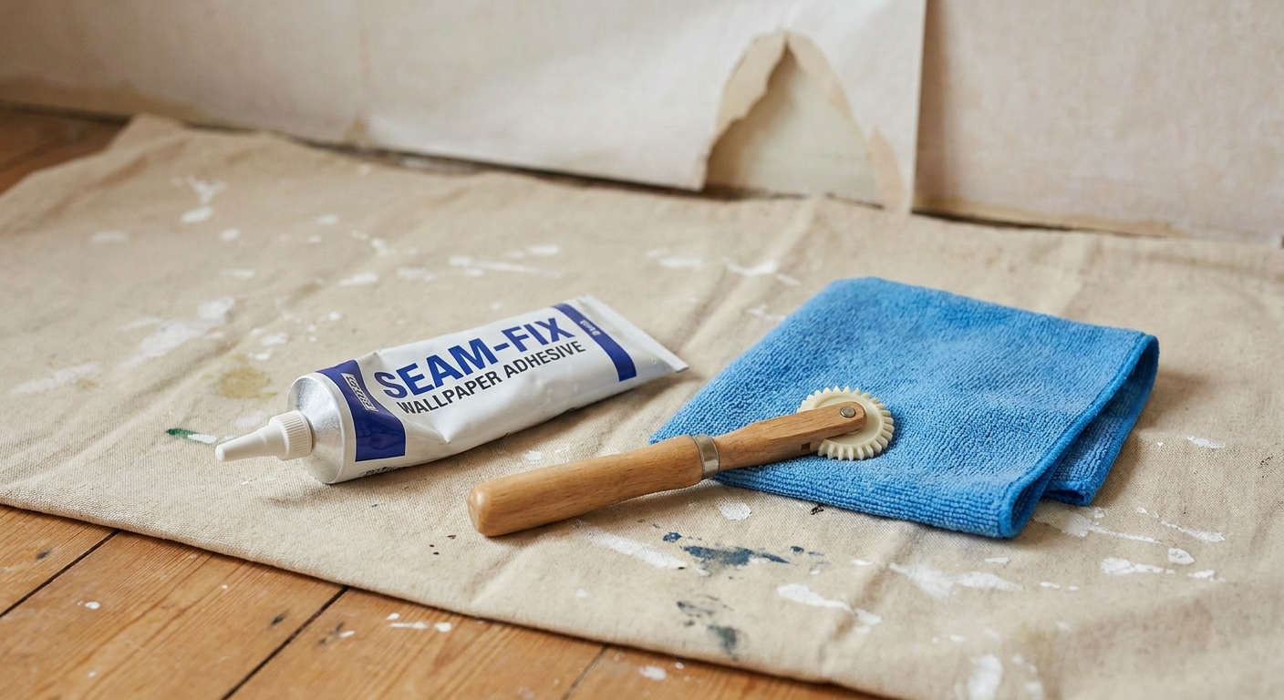A tube of wallpaper seam adhesive next to a small seam roller and a microfiber cloth on a neutral drop cloth, home repair photo