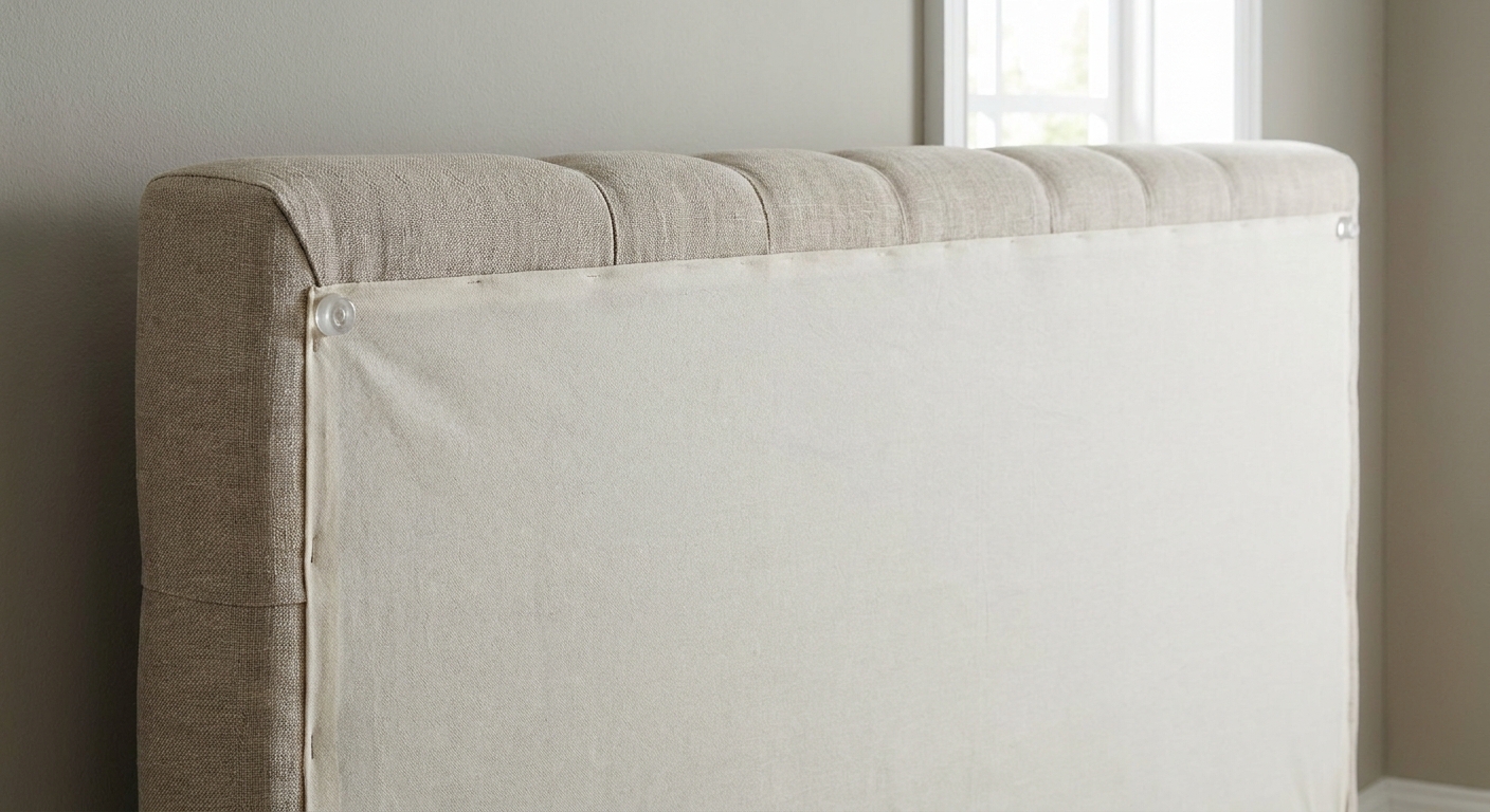 A tufted upholstered headboard turned slightly to show small clear rubber bumpers placed on the back at the two outer corners