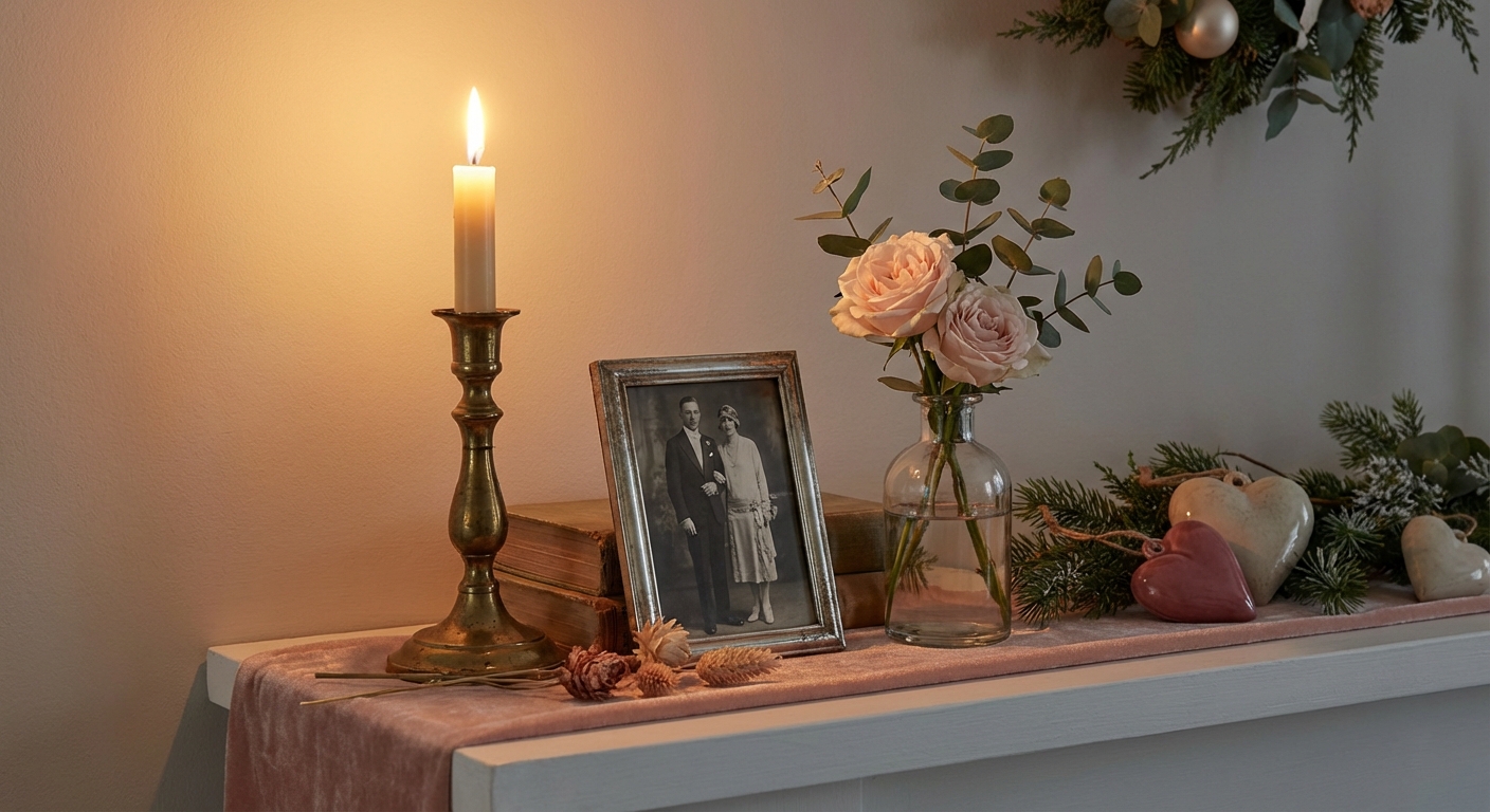 A vintage brass candlestick with a cream taper candle on a mantel beside a small framed black-and-white photo and a clear glass bud vase with pale pink roses, evening candlelight photo