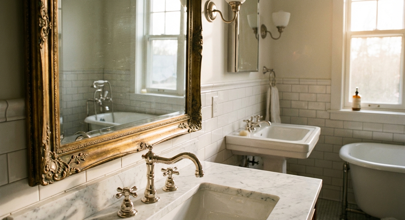 A vintage-inspired bathroom with a polished nickel faucet, an unlacquered brass mirror with visible patina, and a white marble countertop in gentle morning light