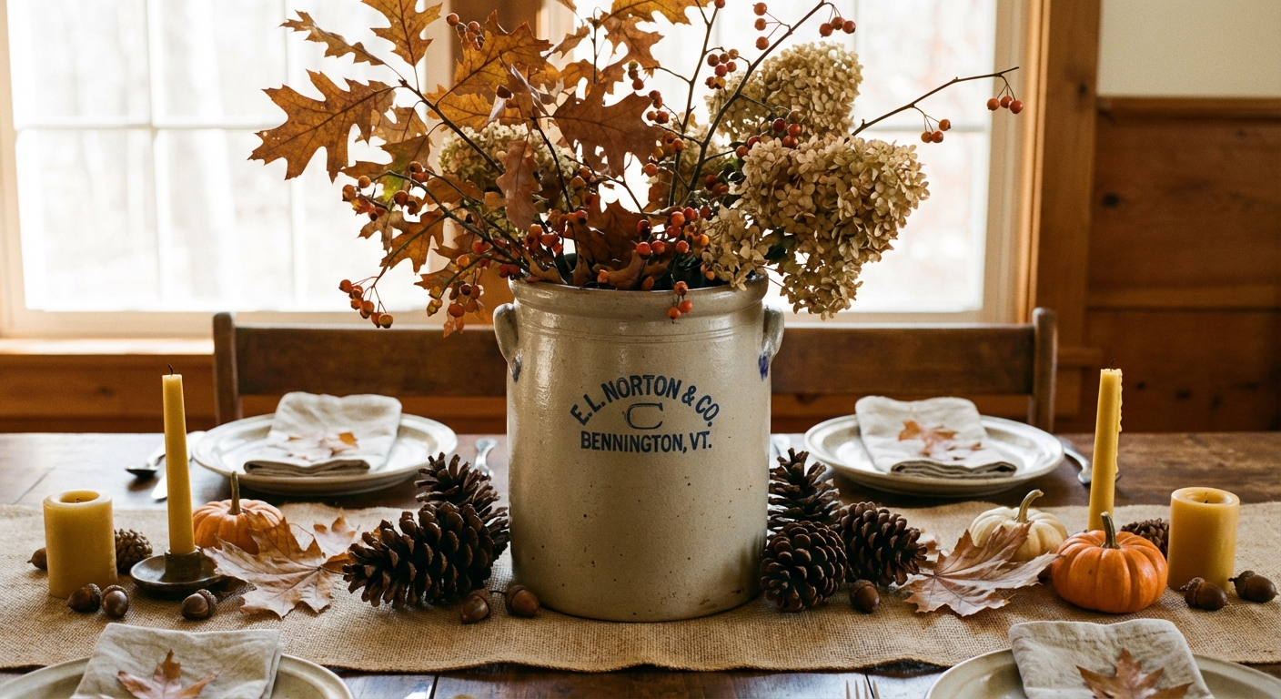A vintage stoneware crock used as a centerpiece filled with seasonal branches on a Thanksgiving dining table, with pinecones and dried leaves around it, real photograph