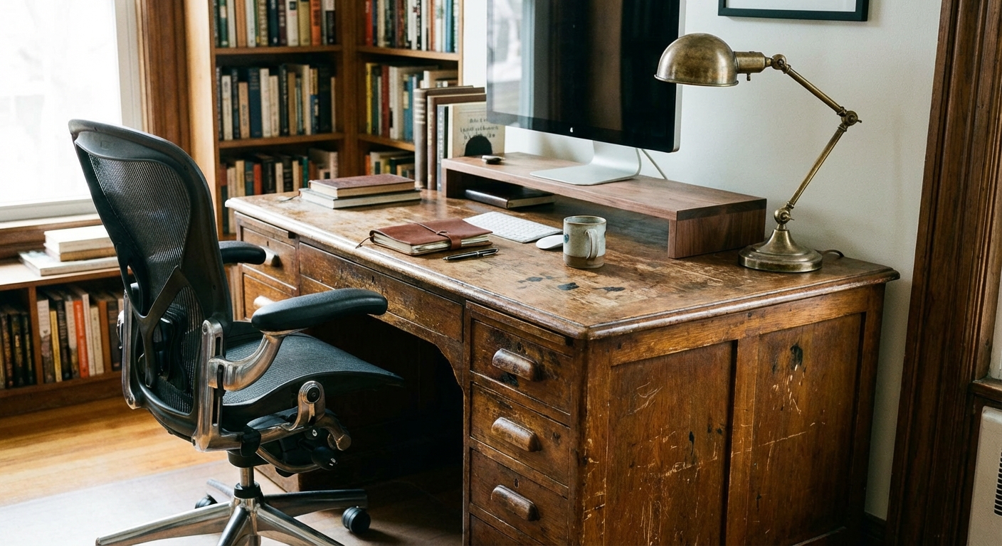 A vintage wood writing desk with patina, paired with a modern ergonomic chair, a monitor on a riser, and a brass desk lamp