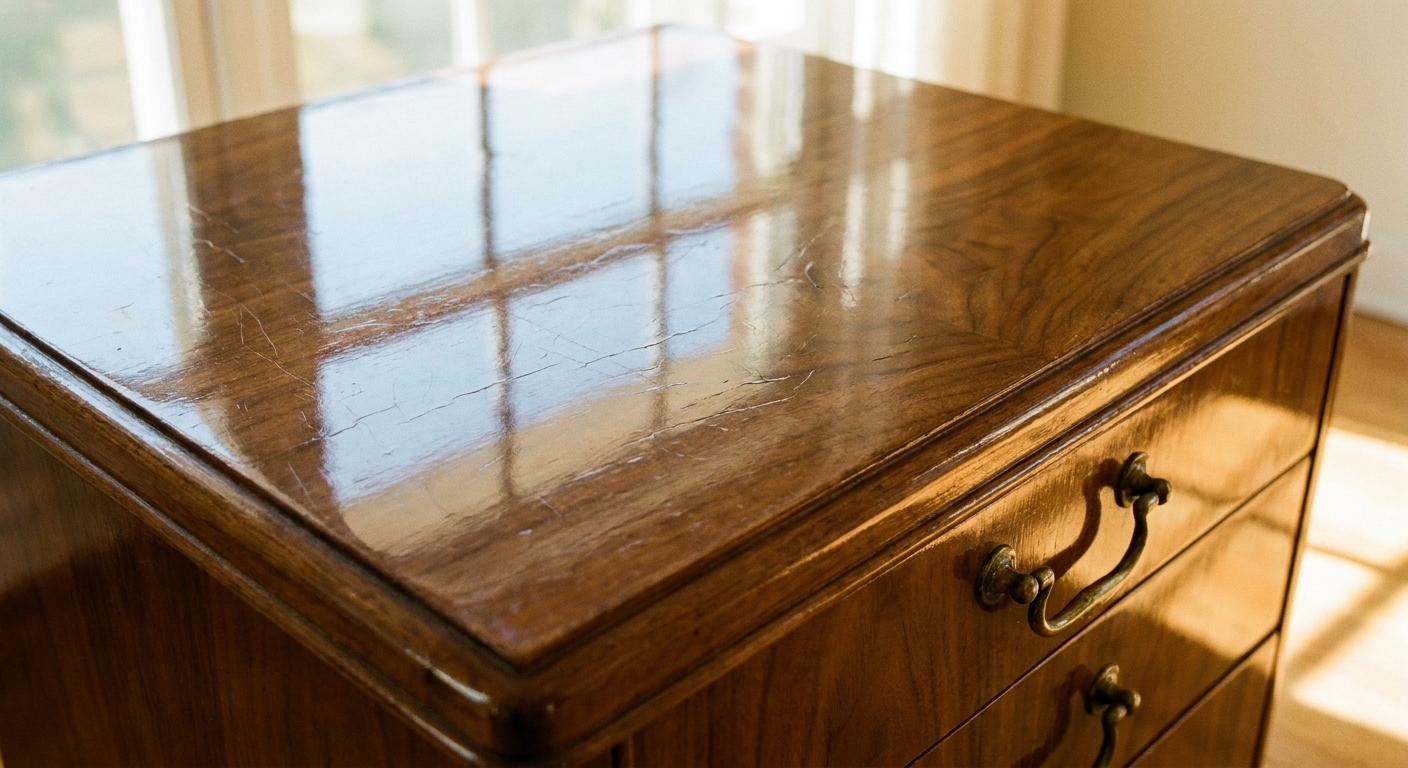 A vintage wooden nightstand with a glossy lacquer finish seen close up, showing subtle grain and reflected window light