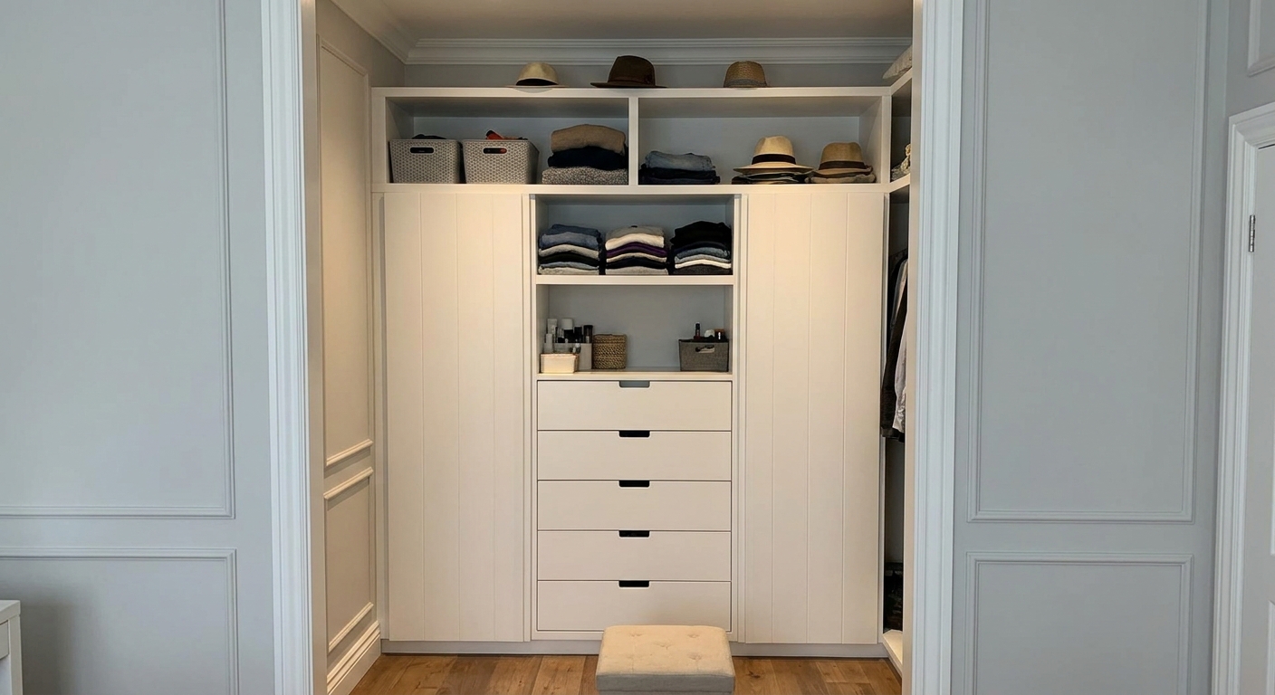 A walk-in closet section with an IKEA Alex drawer unit below open shelves, trimmed with painted MDF panels so the storage looks like a built-in closet system