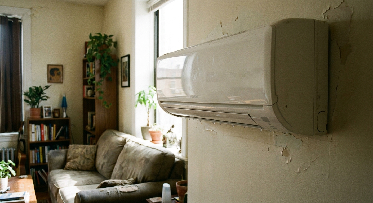 A wall-mounted mini split indoor unit in a small apartment living room with a few water droplets visible along the bottom edge, natural window light, realistic photo