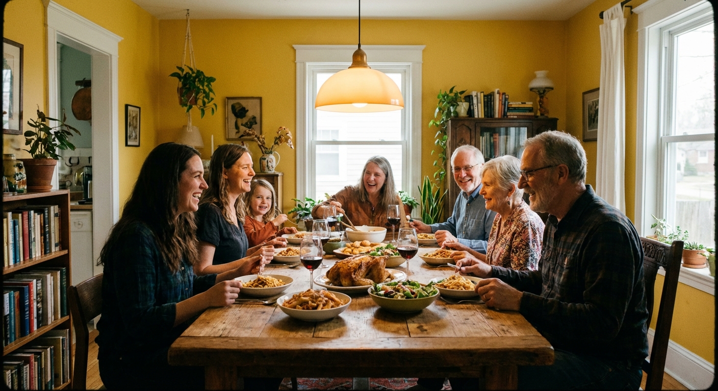 A warm yellow dining room with a family-style dinner on a wooden table, pendant light on, and lively candid atmosphere, real photography style
