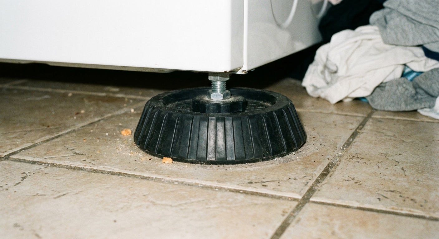 A washing machine foot resting centered on a thick rubber anti-vibration pad on a hard floor, realistic home photo