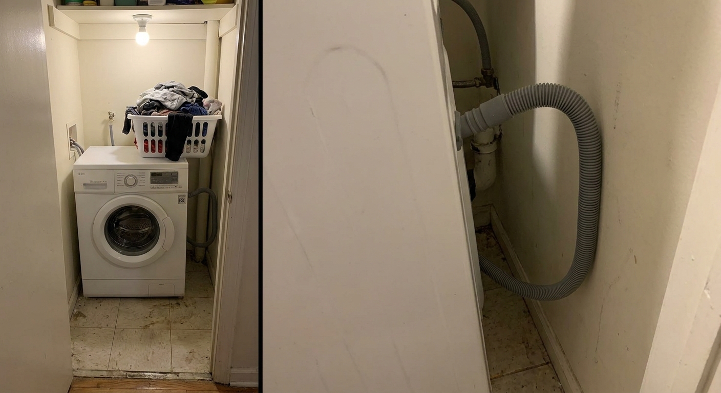 A washing machine pulled slightly forward in a small apartment laundry nook, showing the drain hose behind it with a visible kink near the wall, realistic indoor photo