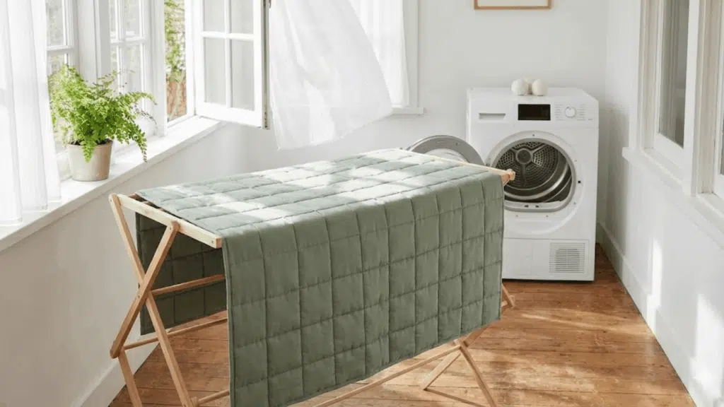 A weighted blanket laid flat across a wide drying rack near a sunny window, supported evenly with soft natural light