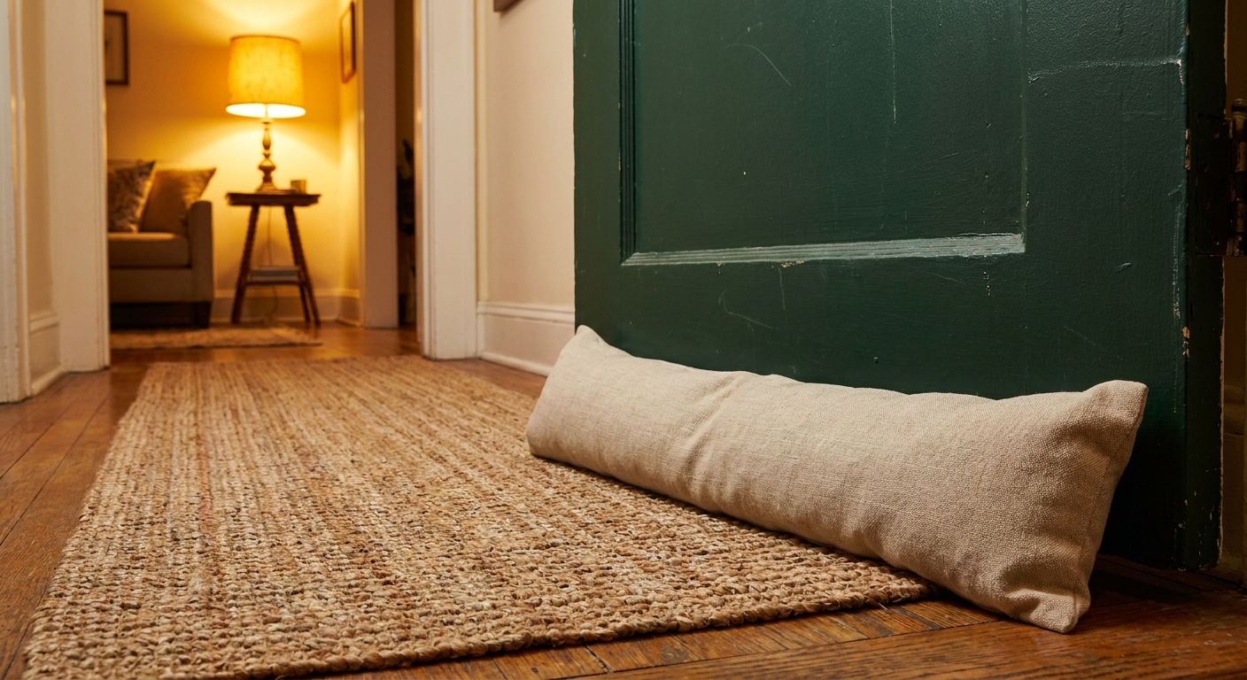 A weighted linen door draft stopper resting against the bottom of a dark green apartment entry door on a neutral woven runner, warm lamp light in the background