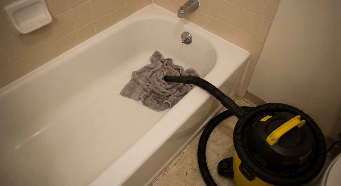 A wet-dry vacuum hose held over a bathtub drain with a damp towel creating a seal, in a neutral-toned rental bathroom