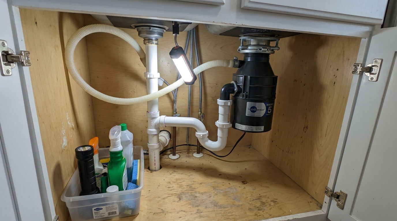 A wide, well-lit photo inside a rental kitchen sink cabinet showing the drain pipes, garbage disposal, and dishwasher drain hose routing