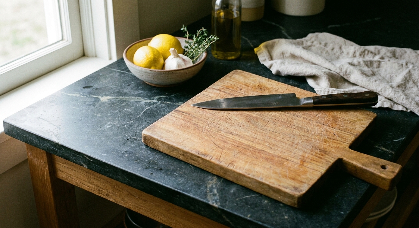 A wooden cutting board and a chef's knife resting on a dark soapstone countertop with a small bowl of lemons nearby, natural light kitchen photo
