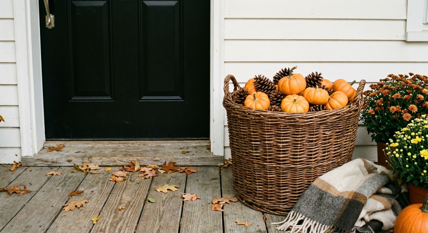 A woven basket on a covered porch filled with mini pumpkins and pinecones beside a black front door, real photograph