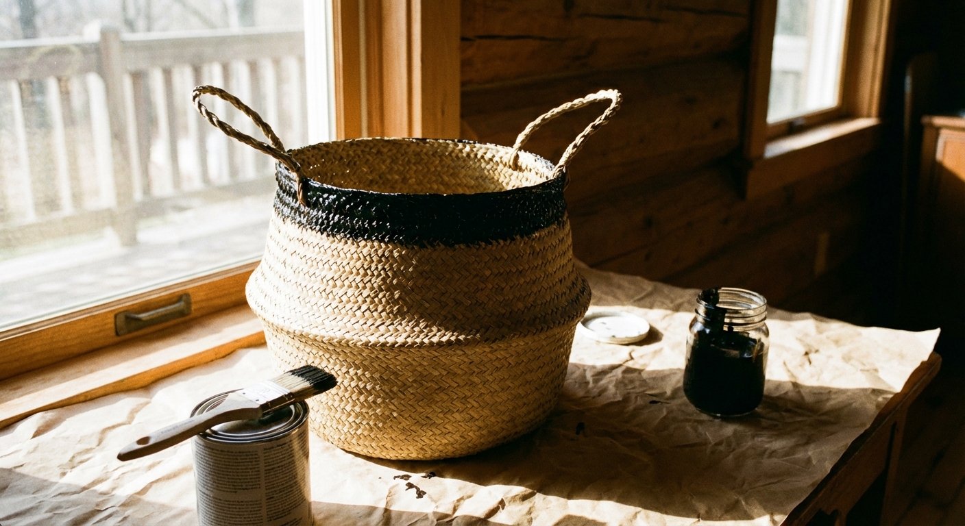 A woven seagrass basket with a freshly painted black rim drying on kraft paper near a sunny window, paintbrush and jar nearby, real photo