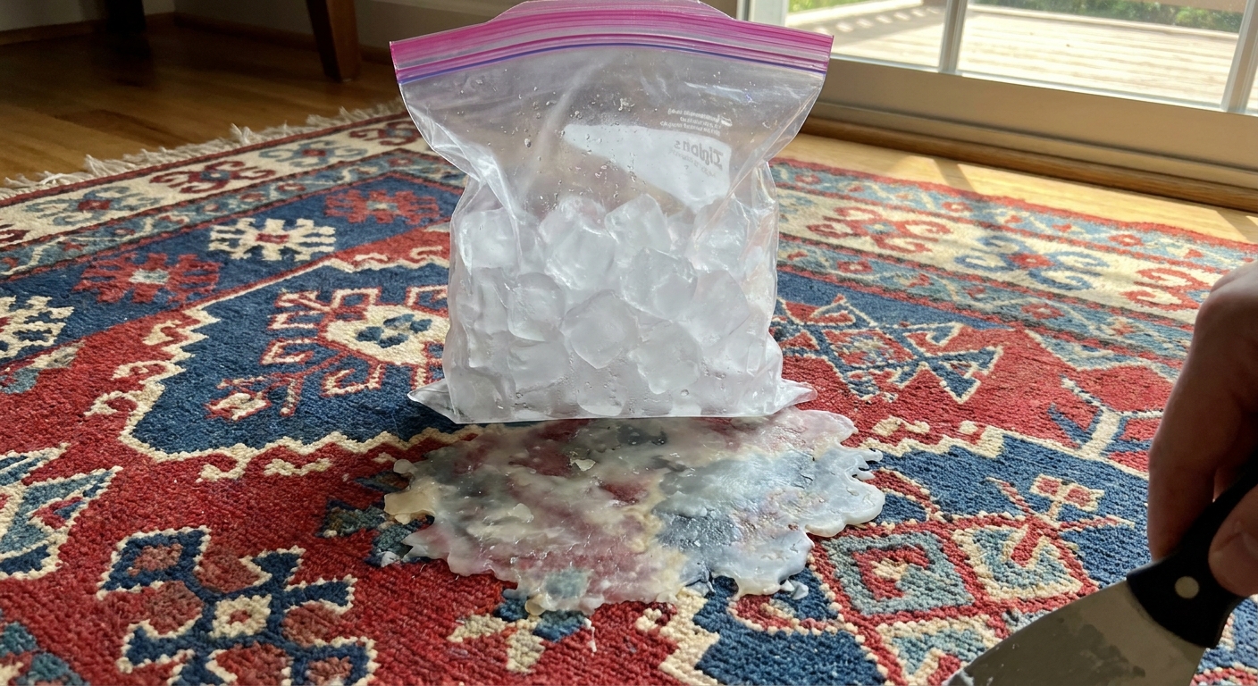A zip-top bag filled with ice cubes resting on a wax spot on a patterned area rug while the wax hardens